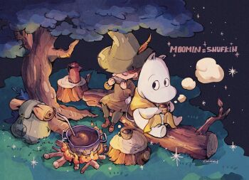 1boy 1other amazou backpack bag boots brown_boots campfire character_name coat cooking_pot grass green_coat green_hat green_pants harmonica hat highres instrument log moomin moomintroll pants sitting snufkin tree tree_stump