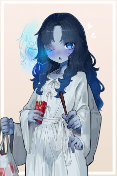 Rule 34 | 1girl, absurdres, bag, black hair, blue hair, blue skin, blush, colored skin, dress, ekrea jan, elden ring, extra arms, flat chest, food, highres, holding, holding bag, long hair, looking at viewer, one eye closed, open mouth, pocky, ranni the witch, robe, white background, white dress
