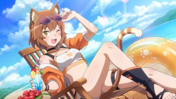 1girl :d adjusting_eyewear animal-themed_eyewear animal_ear_fluff animal_ears anime_coloring anya_fromel beach bikini bikini_shorts black_boots black_choker blue_sky boots breasts brown_eyes brown_hair cat_ears cat_girl cat_tail chair cherry choker criss-cross_halter cropped_jacket cup danmachi_battle_chronicle drinking_glass drinking_straw dungeon_ni_deai_wo_motomeru_no_wa_machigatteiru_darou_ka eyewear_on_head fang flower food fruit game_cg halterneck hand_on_eyewear hand_up hibiscus highres holding holding_cup ice ice_cube innertube jacket knee_up lemon lemon_slice looking_at_viewer medium_breasts non-web_source ocean official_alternate_costume official_art on_chair one_eye_closed open_mouth orange_jacket outdoors print_innertube purple-tinted_eyewear red_flower short_hair shorts single_bare_shoulder sitting sky smile solo stomach sunglasses swim_ring swimsuit tail tinted_eyewear tropical_drink white_bikini wooden_chair