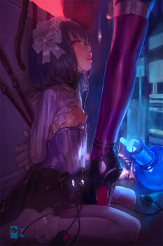 Rule 34 | 1=2, 2girls, arms behind back, bdsm, black hair, bound, bound arms, breast cutout, commentary, english commentary, flat chest, glasses, hairband, high heels, lolita hairband, mixed-language commentary, multiple girls, nipple piercing, nipples, original, pantyhose, parted lips, piercing, pink eyes, remote control vibrator, round eyewear, sex toy, short hair, sitting, solo focus, thighhighs, vibrator, wariza, white pantyhose, yuri