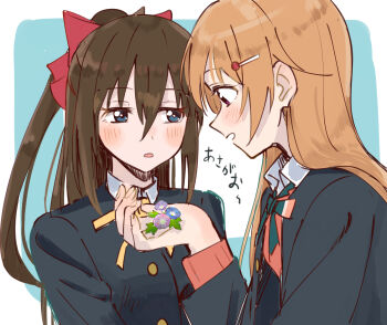 2girls black_jacket blue_eyes blush bow brown_hair collared_shirt commentary flower hair_between_eyes hair_bow hair_ornament hairclip highres jacket konoe_kanata long_hair long_sleeves love_live! love_live!_nijigasaki_high_school_idol_club morning_glory multiple_girls neck_ribbon nijigasaki_school_uniform open_mouth osaka_shizuku ponytail purple_eyes red_bow ribbon school_uniform shirt sidelocks skt_(ryxxxxx) upper_body winter_uniform
