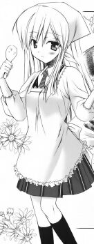 1girl apron blush collared_shirt cowboy_shot diagonal-striped_clothes diagonal-striped_necktie frilled_apron frills hair_between_eyes headscarf highres jacket kappougi komiya_yuuta long_hair necktie non-web_source original pleated_skirt sawatari_ranna school_uniform shamoji shirt skirt socks straight_hair striped_clothes striped_necktie striped_skirt