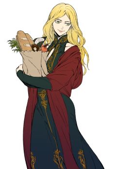 Rule 34 | 1girl, blonde hair, breasts, closed mouth, devil may cry (series), dress, eva (devil may cry), food, green eyes, highres, holding, holding food, long dress, long hair, makeup, mature female, sidelocks, smile, standing, wavy hair, white background