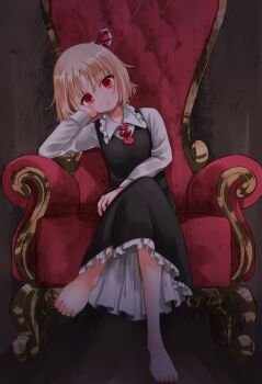 Rule 34 | 1girl, absurdres, ascot, barefoot, black skirt, black vest, blonde hair, closed mouth, collared shirt, commentary, commentary request, frilled shirt collar, frilled skirt, frills, hair ribbon, hashtag-only commentary, highres, kabi killer, long sleeves, looking at viewer, on throne, red ascot, red eyes, red ribbon, ribbon, rumia, shirt, short hair, sitting, sitting on throne, skirt, skirt set, solo, throne, toes, touhou, vest, white shirt