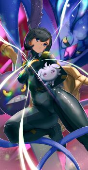 1girl absurdres black_bodysuit black_hair bodysuit breasts brown_jacket closed_mouth crobat emma_(pokemon) espurr gen_2_pokemon gen_6_pokemon highres holding holding_pokemon jacket looking_at_viewer medium_breasts nintendo pokemon pokemon_(creature) pokemon_legends:_z-a purple_eyes short_hair thighs yuu_(primenumber7)