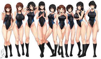 6+girls alternate_breast_size_(larger) amagami arm_under_breasts armpits arms_up ayatsuji_tsukasa bare_shoulders black_bow black_choker black_hair black_hairband black_one-piece_swimsuit blue_eyes blue_one-piece_swimsuit blush bow breasts brown_eyes brown_hair choker commentary competition_swimsuit contrapposto covered_navel curly_hair dated everyone full_body gluteal_fold grey_eyes grin hair_bow hairband hand_on_own_cheek hand_on_own_chest hand_on_own_face hand_on_own_hip hand_up hands_in_own_hair hashtag-only_commentary heart highleg highleg_one-piece_swimsuit highres huge_breasts index_finger_raised kamizaki_risa large_breasts lineup long_hair looking_at_viewer medium_breasts medium_hair morishima_haruka multicolored_swimsuit multiple_girls multiple_hair_bows nakata_sae nanasaki_ai one-piece_swimsuit parted_bangs ponytail ring_light_reflection sakurai_rihoko short_hair sidelocks signature simple_background small_breasts smile swimsuit symbol-only_commentary tachibana_miya tanamachi_kaoru tsukahara_hibiki twintails two-tone_one-piece_swimsuit two-tone_swimsuit white_background yoo_tenchi