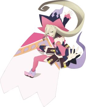 Rule 34 | 1girl, artist request, asymmetrical legwear, asymmetrical sleeves, black sleeves, black thighhighs, blonde hair, book, commentary, detached sleeves, from side, full body, game cg, green eyes, hat, highres, long hair, looking at viewer, magilou (tales), mismatched legwear, mismatched sleeves, mismatched thighhighs, multicolored hat, multicolored sleeves, official art, open mouth, pink sleeves, pink thighhighs, pointy ears, smile, solo, surfing, tales of (series), tales of asteria, tales of berseria, thighhighs, third-party source, transparent background, very long hair, witch hat