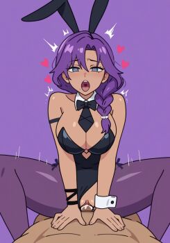 Rule 34 | absurdres, bare shoulders, black leotard, black necktie, bombalurinaai, braid, braided ponytail, breasts, cha cha (vtuber), cleavage, cleavage cutout, clothed sex, clothing aside, clothing cutout, collar, collarbone, cowgirl position, dark-skinned female, dark skin, female focus, heart, heart-shaped pupils, highres, indie virtual youtuber, large breasts, leotard, leotard aside, motion lines, necktie, open mouth, pearls, playboy bunny, purple hair, rabbit ears, sex, side ponytail, straddling, symbol-shaped pupils, thighhighs, vaginal, virtual youtuber