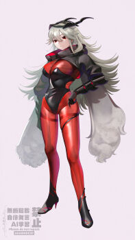 1girl absurdres arm_armor black_jacket black_leotard black_mask bone closed_mouth commentary domino_mask eye_mask fire_emblem fire_emblem_heroes gauntlets grey_hair hair_between_eyes highres horned_mask ikura_(downdexp) jacket leotard long_hair mask mask_on_head nintendo playboy_bunny red_eyes see-through_body shrug_(clothing) signature simple_background skeleton solo thrasir_(fire_emblem) twitter_username very_long_hair watermark white_background