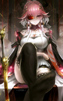 1girl ahoge artist_name atpom bare_shoulders black_collar black_jacket black_sleeves black_thighhighs blindfold body_markings braid breasts burning changli_(wuthering_waves) cleavage closed_mouth collar colored_extremities commentary_request detached_sleeves foot_out_of_frame hair_between_eyes hair_extensions hair_intakes hair_ornament halterneck highres jacket large_breasts leg_up looking_at_viewer multicolored_hair no_shoes partially_shaded_face pink_hair red_hands ring_hair_extensions sitting solo sword thigh_strap thighhighs torn_blindfold twin_braids two-tone_hair weapon white_hair wuthering_waves yellow_eyes