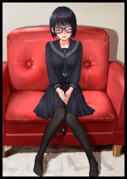 1girl black_border black_hair black_necktie black_pantyhose black_sailor_collar black_serafuku black_shirt black_skirt blush border breast_pocket butt_plug carpet closed_eyes collarbone commentary_request couch glasses indoors inflatable_buttplug logo mutsumura_ryuuichi necktie nervous_smile no_shoes on_couch open_mouth original pantyhose pleated_skirt pocket sailor_collar school_uniform serafuku sex_toy shadow shirt short_hair sidelocks sitting skirt smile solo