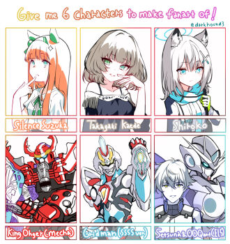 Rule 34 | 00 qan[t], 2boys, 4girls, animal ears, black jacket, blue archive, blue eyes, blue necktie, dark hound 3, english text, green eyes, grey hair, gridman (character), gridman (ssss), gridman universe, halo, highres, idolmaster, idolmaster cinderella girls, jacket, king-ohger, long hair, looking at viewer, mecha, multiple boys, multiple drawing challenge, multiple girls, necktie, ohsama sentai king-ohger, orange hair, robot, setsuna f. seiei, shiroko (blue archive), shirt, silence suzuka (umamusume), six fanarts challenge, solo, ssss.gridman, super sentai, takagaki kaede, umamusume, white background, white shirt