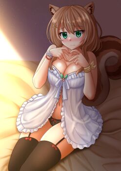 1girl animal_ear_fluff animal_ears ayunda_risu babydoll bare_arms bare_shoulders bed_sheet black_panties black_thighhighs blush bow bow_panties breasts brown_hair cleavage closed_mouth commentary garter_straps green_eyes hair_between_eyes hands_up heart heart_hands highres hololive hololive_indonesia kazenokaze large_breasts long_hair looking_at_viewer nail_polish nose_blush panties red_bow red_nails sitting solo squirrel_ears squirrel_girl squirrel_tail tail thighhighs underwear underwear_only virtual_youtuber wavy_mouth