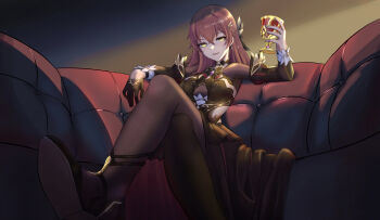 1girl absurdres black_gloves black_pantyhose breasts brown_hair commentary_request couch cup earrings eden_(honkai_impact) gloves high_heels highres holding holding_cup honkai_(series) honkai_impact_3rd iras17514 jewelry large_breasts long_hair looking_at_viewer on_couch pantyhose single_glove sitting solo very_long_hair yellow_eyes