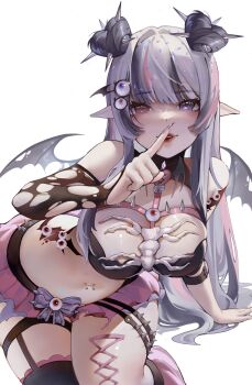 1girl absurdres asymmetrical_legwear black_hair black_thighhighs black_wings breasts commentary commission english_commentary eye_hair_ornament heterochromia highres indie_virtual_youtuber lips miniskirt multicolored_hair navel_piercing parted_lips piercing pink_eyes pink_hair pink_skirt pointy_ears purple_eyes skirt solo spikes sprinkle_hershy stomach streaked_hair thighhighs torn_wings virtual_youtuber white_hair wings yoshiii