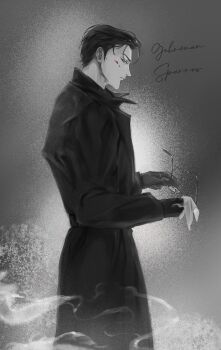 1boy ajsaart black_coat black_gloves black_hair blood blood_on_eyewear blood_on_face character_name cleaning_eyewear coat cowboy_shot from_side gehrman_sparrow glaring gloves hashtag-only_commentary holding holding_removed_eyewear klein_moretti looking_at_viewer lord_of_the_mysteries male_focus narrowed_eyes open_clothes open_coat partially_colored popped_collar short_hair solo unworn_eyewear