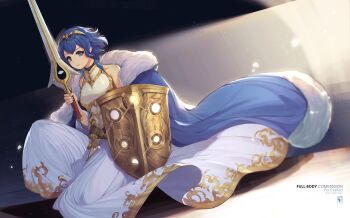 1girl absurdres armor armored_dress bare_shoulders binding_shield blue_cape blue_eyes blue_hair breastplate breasts cape commission cosplay dress expressionless falchion_(fire_emblem) female_morgan_(fire_emblem) fire_emblem fire_emblem_awakening fire_emblem_cipher full_body fur-trimmed_cape fur_trim highres holding holding_shield holding_sword holding_weapon knee_up looking_at_viewer lucina_(fire_emblem) lucina_(fire_emblem)_(cosplay) lucina_(hope-ruling_queen)_(fire_emblem) medium_breasts nintendo on_one_knee second-party_source shield short_hair solo sword tiara velahka weapon