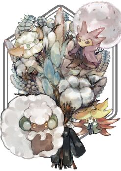 alternate_color big_hair black_ribbon blue_flower blue_ribbon closed_mouth cotton_(plant) cottonee eldegoss evolutionary_line flower full_body gen_5_pokemon gen_8_pokemon gossifleur green_eyes happy highres long_hair natsumekan neck_ribbon nintendo orange_eyes pink_flower plant pokemon pokemon_(creature) purple_eyes ribbon shiny_pokemon smile very_long_hair whimsicott white_flower white_hair