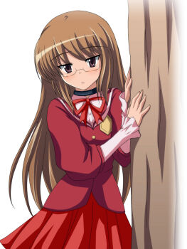 Rule 34 | 1boy, bad id, bad pixiv id, brown hair, choker, crossdressing, crossdressing (mtf), glasses, ishida seito, kami nomi zo shiru sekai, katsuragi keima, long hair, looking at viewer, male focus, school uniform, simple background, solo, trap, white background