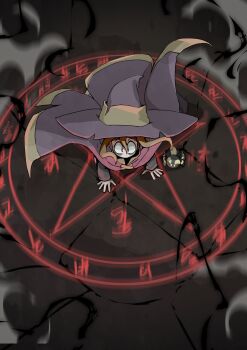 1girl absurdres bags_under_eyes brown_hair bug cloak commentary crack cracked_floor english_commentary hands_on_floor hat highres hongga magic_circle original pentagram smoke solo spider summoning wide-eyed witch witch_hat