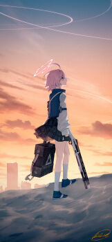 1girl ahoge ballistic_shield beretta_1301 black_gloves black_shoes black_skirt blew_andwhite blue_archive blue_jacket cityscape cloud commentary_request crying crying_with_eyes_open dessert evening food footprints from_side gloves gun halo highres holding holding_gun holding_shield holding_weapon hoshino_(blue_archive) hoshino_(first_year)_(blue_archive) jacket long_sleeves looking_ahead pink_hair pleated_skirt pump_action school_uniform shield shirt shoes short_hair signature skirt socks solo sunset tears weapon white_shirt white_socks