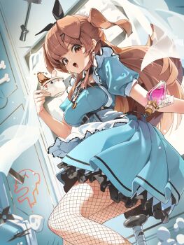 1girl absurdres animal_ears apron black_ribbon blue_dress blush bone breasts brown_eyes brown_hair commentary cup curtains dog_ears dog_girl dress earrings fang fishnet_pantyhose fishnets hair_ornament hair_ribbon hairclip highres holding holding_cup hololive inugami_korone inugami_korone_(wonderland) jewelry listener_(inugami_korone) long_hair looking_at_viewer medium_breasts open_mouth pantyhose puffy_short_sleeves puffy_sleeves ribbon short_sleeves solo symbol-only_commentary two_side_up virtual_youtuber waist_apron white_apron window wonchun