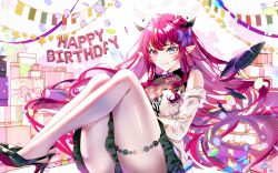 Rule 34 | 1girl, asymmetrical wings, bare shoulders, black skirt, black wings, blue eyes, blush, breasts, covered collarbone, detached wings, double halo, gift, hair ribbon, halo, happy birthday, heterochromia, highres, hololive, hololive english, horns, irys (hololive), large breasts, long hair, looking at viewer, mismatched wings, multicolored hair, purple eyes, purple hair, purple ribbon, red hair, ribbon, see-through, see-through shirt, shirt, skirt, solo, sowon, star halo, strapless, strapless shirt, streaked hair, thighhighs, thighs, very long hair, virtual youtuber, white thighhighs, white wings, wings