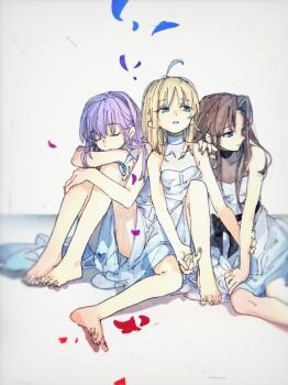 Rule 34 | 3girls, ahoge, artoria pendragon (fate), barefoot, blonde hair, blue eyes, brown hair, curtained hair, dress, dress ribbon, fate/stay night, fate (series), green eyes, hair down, long hair, matou sakura, multiple girls, purple hair, saber (fate), sitting, sksk sn09, tohsaka rin, white dress