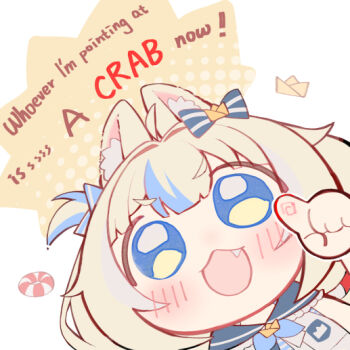 Rule 34 | 1girl, :3, :d, ahoge, animal ear fluff, animal ears, blonde hair, blue eyes, blue streaks, blush, bow, cat ears, chibi, commentary, dayuh, english commentary, english text, fang, hair bow, indie virtual youtuber, looking at viewer, multicolored hair, open mouth, pointing, pointing at viewer, sameko saba, smile, solo, streaked hair, virtual youtuber, white background