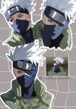 Rule 34 | 1boy, anime screenshot inset, black eyes, commentary request, forehead protector, grey hair, hatake kakashi, heterochromia, highres, konohagakure symbol, luv chan55, male focus, mask, mouth mask, naruto (series), one eye covered, red eyes, scar, scar across eye, scar on face, screenshot inset, twitter username, upper body