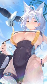 1girl absurdres alwaysissac animal_ear_fluff animal_ears bird black_one-piece_swimsuit blue_archive blue_eyes blue_sky blush breasts cloud commentary_request competition_swimsuit cosplay covered_navel cowboy_shot cross cross_hair_ornament extra_ears grey_hair hair_ornament halo hand_on_own_hip highleg highleg_one-piece_swimsuit highres inverted_cross large_breasts looking_at_viewer mismatched_pupils official_alternate_costume one-piece_swimsuit outdoors seagull shiroko_(blue_archive) shiroko_(blue_archive)_(cosplay) shiroko_(swimsuit)_(blue_archive) shiroko_terror_(blue_archive) sky standing swimsuit tape underboob wet wolf_ears wolf_girl
