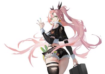1girl amillion_(zenless_zone_zero) ass bangboo_(zenless_zone_zero) bare_shoulders black_ribbon black_shorts black_thighhighs breasts clothing_cutout commentary cowboy_shot crop_top earrings english_commentary from_behind fur-trimmed_shorts fur_trim green_eyes hair_ornament hairclip heart heart_earrings her_story highres holding holding_suitcase jewelry large_breasts long_hair looking_at_viewer looking_back micro_shorts midriff mole mole_on_thigh money_gesture multicolored_nails nicole_demara parted_lips pink_hair ribbon shorts shoulder_cutout simple_background single_thighhigh solo strapless stuffed_toy suitcase thigh_strap thighhighs torn_clothes torn_thighhighs tube_top twintails two-tone_background two_side_up white_background white_tube_top zenless_zone_zero