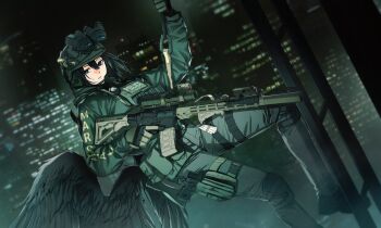 1girl ammunition_pouch assault_rifle black_wings body_armor building carabiner climbing climbing_rope combat_helmet commission fast_helmet feathered_wings gun helmet highres holding holding_gun holding_rope holding_weapon load_bearing_vest low_wings m4_carbine maxturbo69 military_combat_uniform military_operator military_uniform optical_sight original police pouch rifle rope skyscraper solo suppressor trigger_discipline weapon wings