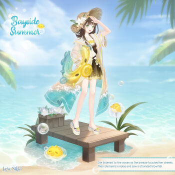 1girl artist_request bare_legs bayside_summer_(miracle_nikki) bikini bikini_skirt black_bikini black_bow black_skirt blunt_bangs bow bow_bikini brown_hair brown_hat brown_jacket bubble cross-laced_straps day eyelashes fish flower full_body green_eyes hand_on_headwear hat hat_flower hibiscus holding holding_swim_ring innertube island jacket knees light_blush long_hair looking_ahead miniskirt miracle_nikki neck nikki_(series) ocean official_art open_mouth outdoors palm_leaf platform_sandals pleated_skirt puffer_fish sandals shore skirt smile solo standing stomach straw_hat summer sun_hat swim_ring swimsuit teeth upper_teeth_only wave_print white_flower white_sandals