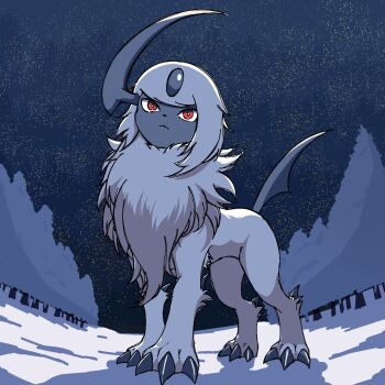 Rule 34 | :<, absol, bright pupils, claws, crescent moon, full body, gen 3 pokemon, highres, looking at viewer, looking up, meloettachuuuuu, moon, night, night sky, nintendo, outdoors, pokemon, pokemon (creature), pokemon focus, red eyes, sky, snow, standing, tree, white fur