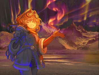 1girl :d absurdres aurora backpack bag coat cowboy_shot fur-trimmed_coat fur_trim gloves goggles goggles_on_head hands_up highres holding_strap long_braid looking_ahead mountain nautika_(reverse:1999) night night_sky open_mouth orange_light outdoors pants reverse:1999 sky smile solo star_(sky) starry_sky syun_(ashenaurora) trapper_hat