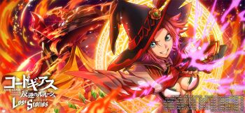 1girl blue_eyes breasts cleavage code_geass code_geass:_lost_stories hat highres kouzuki_kallen large_breasts looking_at_viewer official_art parted_lips red_hair smile solo teeth witch_hat