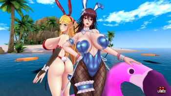 2girls 3d action_taimanin alternate_color alternate_costume animal_ears ass bare_legs black_leotard blonde_hair blue_sky blush breasts cleavage curvy detached_collar fake_animal_ears fake_tail highleg highleg_leotard highres huge_ass huge_breasts kosaka_shizuru leotard lilith-soft looking_at_viewer mizuki_shiranui multiple_girls ocean official_alternate_costume pantyhose playboy_bunny rabbit_ears rabbit_tail red_leotard screencap sky smile tail taimanin_(series) taimanin_yukikaze thong_leotard twintails water wide_hips