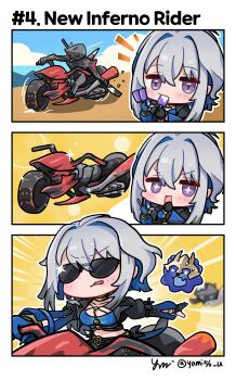 Rule 34 | + +, 1girl, absurdres, black jacket, blue bra, blue hair, bra, chimera (wuthering waves), colored inner hair, commentary request, cropped jacket, eating, food, food in mouth, galbrena (wuthering waves), glint, grey hair, hair between eyes, hand up, highres, holding, holding food, holding popsicle, inferno rider (wuthering waves), jacket, korean commentary, medium hair, midriff, motor vehicle, motorcycle, multicolored hair, out of character, popsicle, popsicle in mouth, purple eyes, sunglasses, tacet discord (wuthering waves), theft, underwear, wuthering waves, yami (yami56 u)