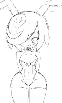 1girl animal_ears bare_shoulders breasts collar collarbone fake_animal_ears from_above greyscale hair_over_one_eye leotard looking_at_viewer medium_breasts monochrome open_mouth pantyhose rabbit_ears sage_(sonic) short_hair sketch solo sonic_(series) sonic_frontiers straight-on strapless thighs yelladrill