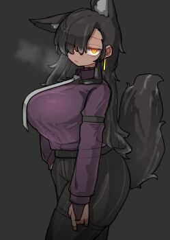 :/ animal_ear_fluff arm_strap black_background black_hair black_pants black_straps breasts breath bridal_gauntlets choker collared_shirt dark-skinned_female dark_skin disdain earrings extra_ears from_side gigantic_breasts glowing glowing_eyes hair_over_one_eye hand_on_own_hip highres jewelry kim_aendeo long_hair long_sidelocks long_sleeves looking_at_viewer messy_hair mole mole_under_eye necktie one_ear_down orange_eyes original pants purple_choker purple_shirt sanpaku shirt shirt_tucked_in sidelocks single_earring slit_pupils standing striped_clothes striped_pants swept_bangs tail thigh_strap tsurime turning_head unkempt vertical-striped_clothes vertical-striped_pants walking white_necktie wolf_girl wolf_tail