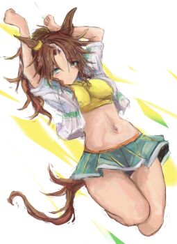 animal_ears blush breasts brown_hair cleavage closed_mouth commentary_request crop_top cropped_jacket fur-trimmed_jacket fur_trim green_skirt hair_between_eyes horse_ears horse_girl horse_tail jacket large_breasts long_hair long_sleeves looking_at_viewer mejiro_palmer_(line_breakthrough)_(umamusume) mejiro_palmer_(umamusume) midriff multicolored_hair navel ponytail shirt skirt stomach streaked_hair tail umamusume white_hair white_jacket yanagi_wakana yellow_shirt