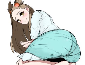 Rule 34 | 1girl, aqua dress, ass, ass focus, blush, bright pupils, brown eyes, brown hair, closed mouth, commentary, dress, english commentary, hair bobbles, hair ornament, highres, jacket, jasmine (pokemon), long hair, looking at viewer, nintendo, open clothes, open jacket, pantylines, pokemon, pokemon heartgold and soulsilver, simple background, smile, solo, tavi (hosheezus), two side up, white background, white jacket