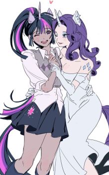 2girls ;d animal_ear_piercing animal_ears artistic_error bare_arms bare_shoulders black_hair black_skirt black_socks black_tail blue_eyes blue_eyeshadow breasts cleavage clenched_hand collarbone collared_shirt couple curly_hair curtained_hair cutie_mark dark-skinned_female dark_skin diamond_(shape) dress elbow_gloves extra_eyes eye_contact eyeshadow feet_out_of_frame forehead gloves grey_sweater_vest grin hair_between_eyes hair_over_shoulder hand_on_another's_hip hand_up hashtag-only_commentary heart highres holding_another's_wrist horns horse_ears horse_girl horse_tail interracial kneehighs long_dress long_hair looking_at_another makeup medium_breasts medium_hair memoji_7672 miniskirt mole mole_on_breast multicolored_hair multiple_girls my_little_pony my_little_pony:_friendship_is_magic off-shoulder_dress off_shoulder one_eye_closed open_mouth personification pink_hair pink_tail pleated_skirt puffy_short_sleeves puffy_sleeves purple_eyes purple_hair purple_tail rarity_(my_little_pony) school_uniform shirt short_sleeves shoulder_tattoo sidelocks simple_background single_horn skirt small_breasts smile socks sparkle standing streaked_hair sweater_vest tail tattoo teeth tongue twilight_sparkle unicorn_girl upper_teeth_only white_background white_dress white_gloves white_shirt yuri