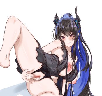 Rule 34 | 1girl, areola slip, asymmetrical horns, black hair, black horns, black negligee, blue hair, blur censor, breasts, censored, colored inner hair, commentary, demon horns, english commentary, fingering, high ponytail, highres, hololive, hololive english, horns, lingerie, long hair, mole, mole under eye, multicolored hair, negligee, nerissa ravencroft, nightgown, nipples, official alternate hairstyle, penguin stamp, ponytail, pussy, red eyes, see-through clothes, see-through nightgown, sketch, smile, two-tone hair, underwear, uneven horns, virtual youtuber