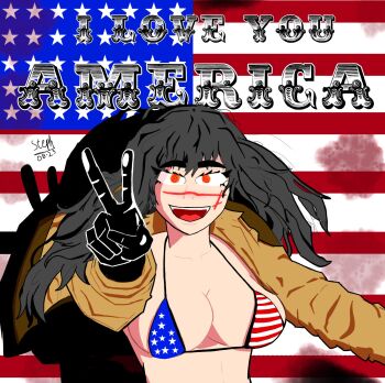 american_flag american_flag_bikini american_flag_print bikini black_hair blood blood_splatter breasts brown_jacket chainsaw_man flag_print flag_print_bikini highres jacket medium_breasts open_mouth print_bikini red_eyes scar scar_on_face string_bikini suutefan swimsuit thick_eyebrows v war_devil_(chainsaw_man) yoru_(chainsaw_man)