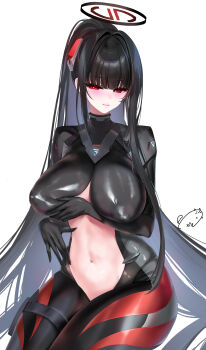 1girl artist_logo black_bodysuit black_hair blue_archive blush bodysuit breasts closed_mouth commentary_request halo highres large_breasts logo long_hair looking_at_viewer navel obiwan official_alternate_costume ponytail red_eyes rio_(armed)_(blue_archive) rio_(blue_archive) simple_background smile solo stomach weisuoxin white_background