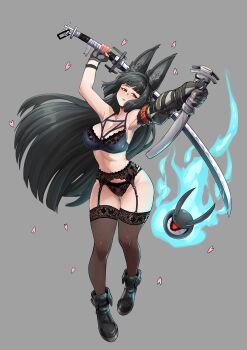 1girl animal_ear_fluff animal_ears armpits arms_up black_garter_belt black_garter_straps black_hair bra breasts brown_thighhighs commentary english_commentary falling_petals fingerless_gloves floating_hair fox_ears full_body garter_belt garter_straps gauntlets ghost gloves glowing glowing_eye grey_background groin half-closed_eyes head_tilt highres holding holding_sheath holding_sword holding_weapon hoshimi_miyabi insouwu katana large_breasts lips long_hair looking_at_viewer one-eyed outstretched_arm panties parted_lips petals pink_petals red_eyes scabbard sheath shoes simple_background single_fingerless_glove single_gauntlet stomach sword tailless_(zenless_zone_zero) thigh_gap thighhighs twisted_torso underwear underwear_only unsheathed variant_set very_long_hair weapon zenless_zone_zero