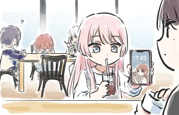 Rule 34 | 5girls, :3, ?, bang dream!, bang dream! it's mygo!!!!!, black hair, chihaya anon, commentary, drinking straw, drinking straw in mouth, eating, embarrassed, grey eyes, grey hair, highres, jewelry, kaname raana, long hair, lyy, matcha (food), mole, mole under eye, multiple girls, mygo!!!!! (bang dream!), nagasaki soyo, necklace, open mouth, pink hair, shiina taki, short hair, sidelocks, takamatsu tomori, white hair, yellow eyes