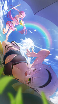 2girls absurdres beach_umbrella bikini bikini_skirt black_bikini blue_sky breasts cleavage cloud cloudy_sky day flip-flops frilled_bikini frills glasses green_eyes grey_hair hairband heaven_burns_red higashigure highres holding izumi_yuki_(heaven_burns_red) kunimi_tama large_breasts long_hair looking_at_viewer lying multiple_girls navel on_side one_eye_closed open_mouth outdoors pink_hair purple_hair rainbow sandals sky standing swimsuit thigh_strap twintails umbrella water_gun